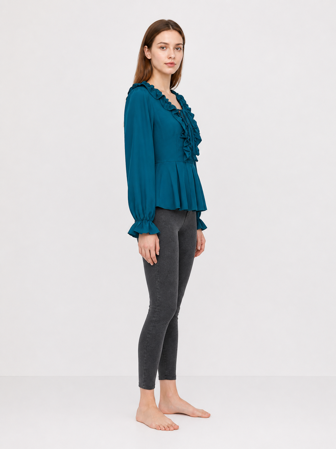 Ruffled Blouse with Flared Sleeves, Turquoise side view