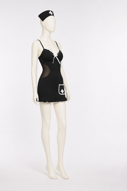 Black Medical Uniform with White Trim and Ruffles side view