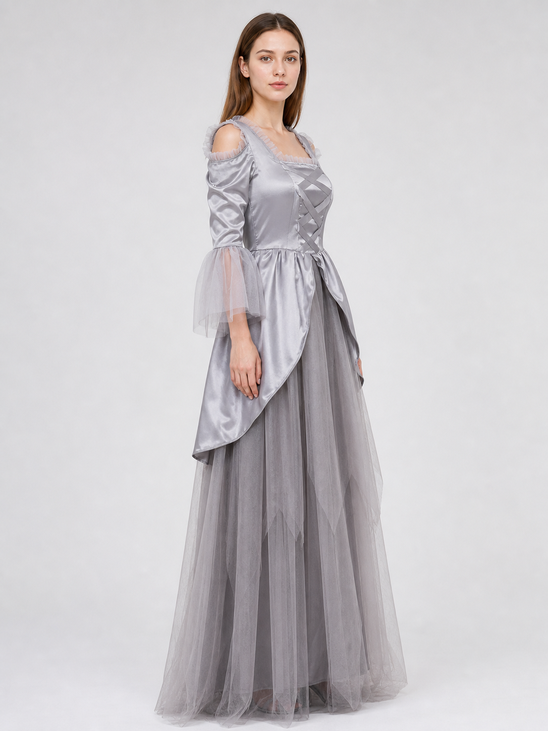 Gray Cloak Dress with Sleeves and Crisscross Lacing