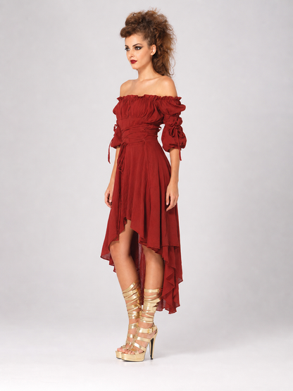 Dark Red Stage Dress with an Asymmetrical Hem side view