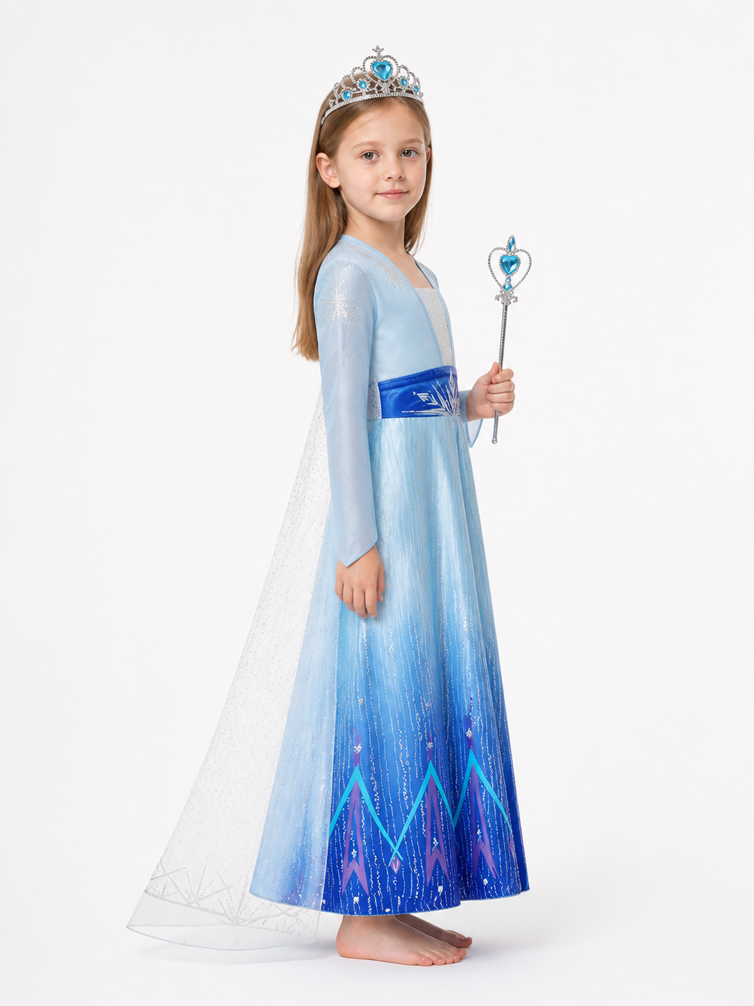 Elsa Costume, Long Dress with Cape and Crown side view