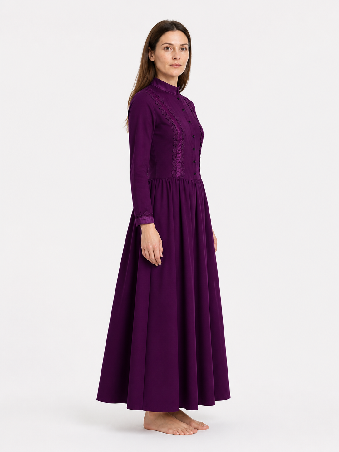 Long Purple Gothic Dress with Stand Collar side view