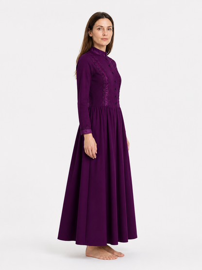 Long Purple Gothic Dress with Stand Collar side view