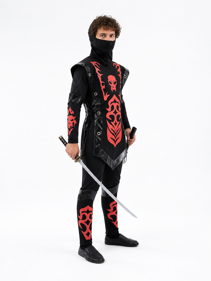 Ninja Costume with Mask and Red-and-Black Pattern side view