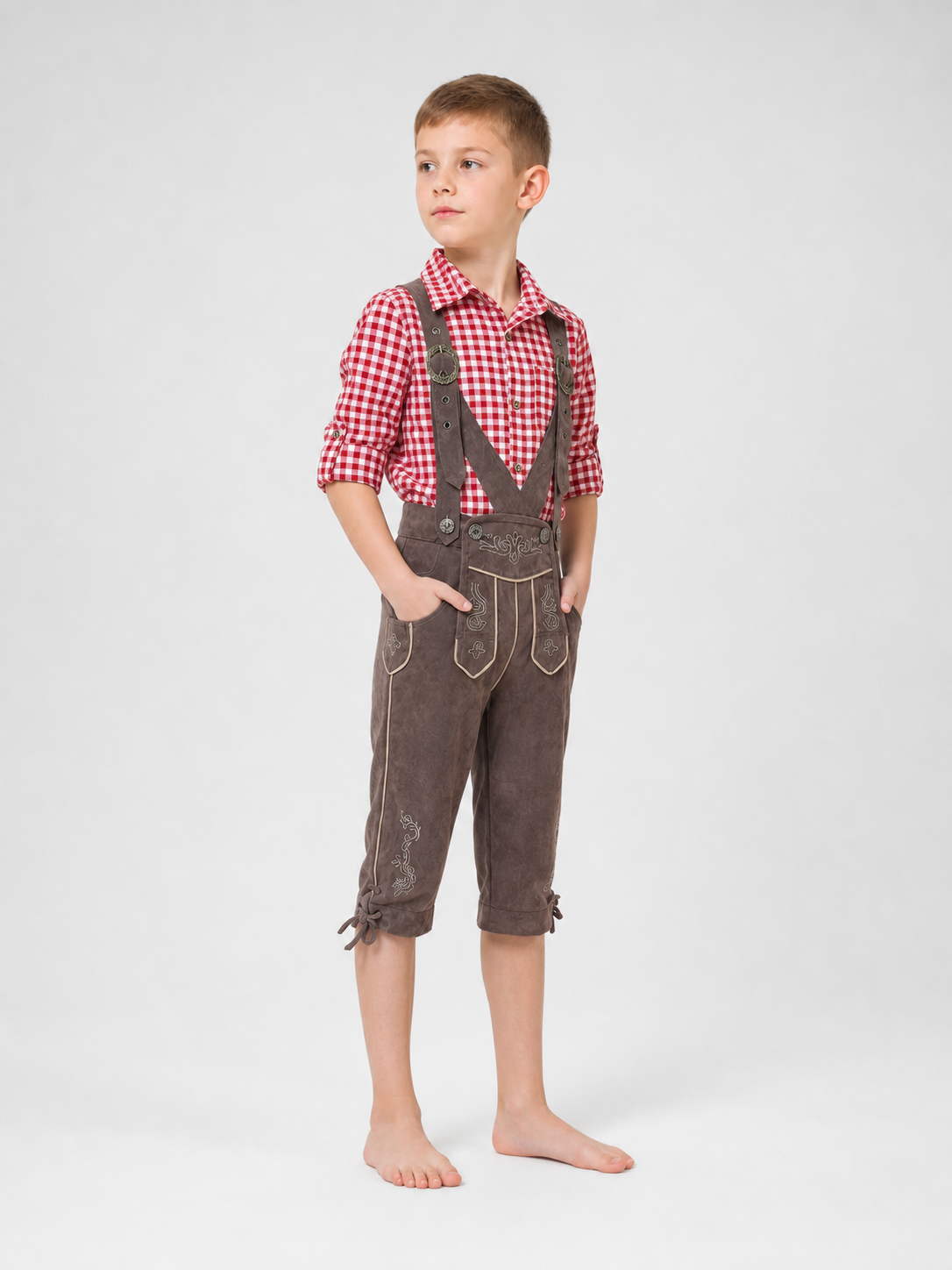 Alpine-style outfit: plaid shirt and pants