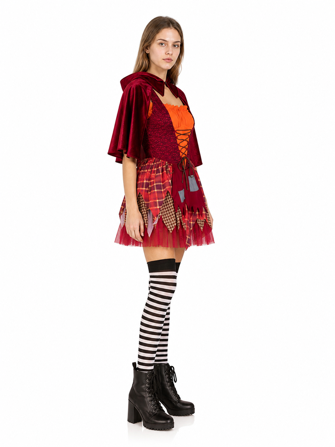 Witch costume with a red skirt and hooded cape side view