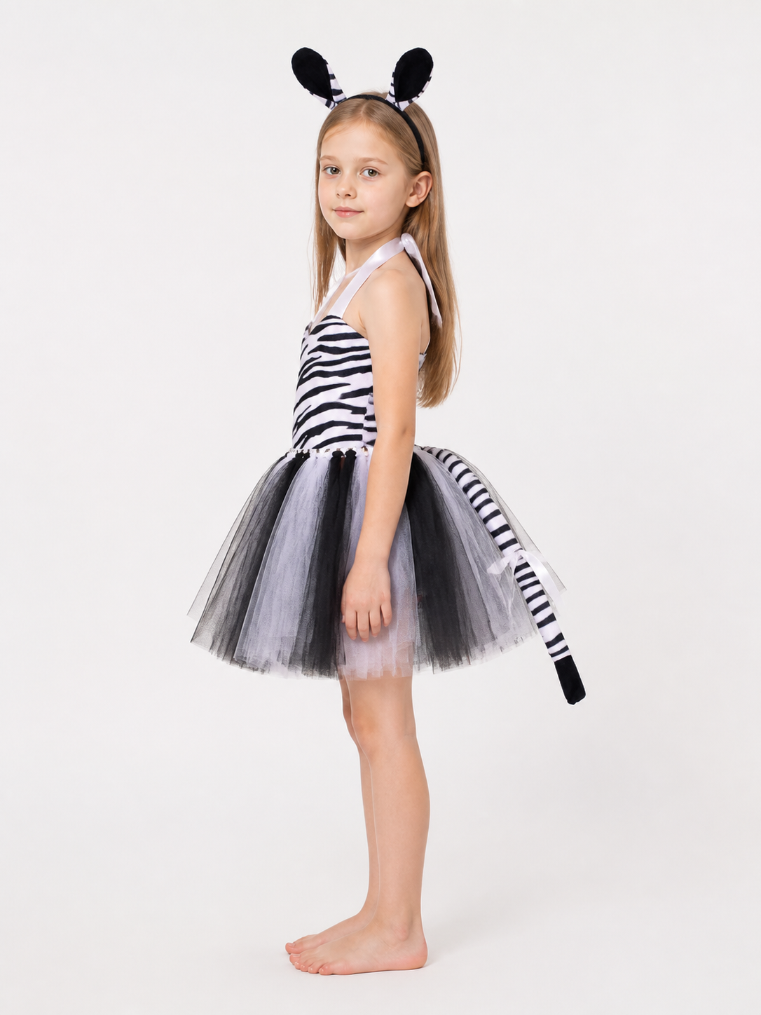 Children’s zebra costume with dress and accessories side view