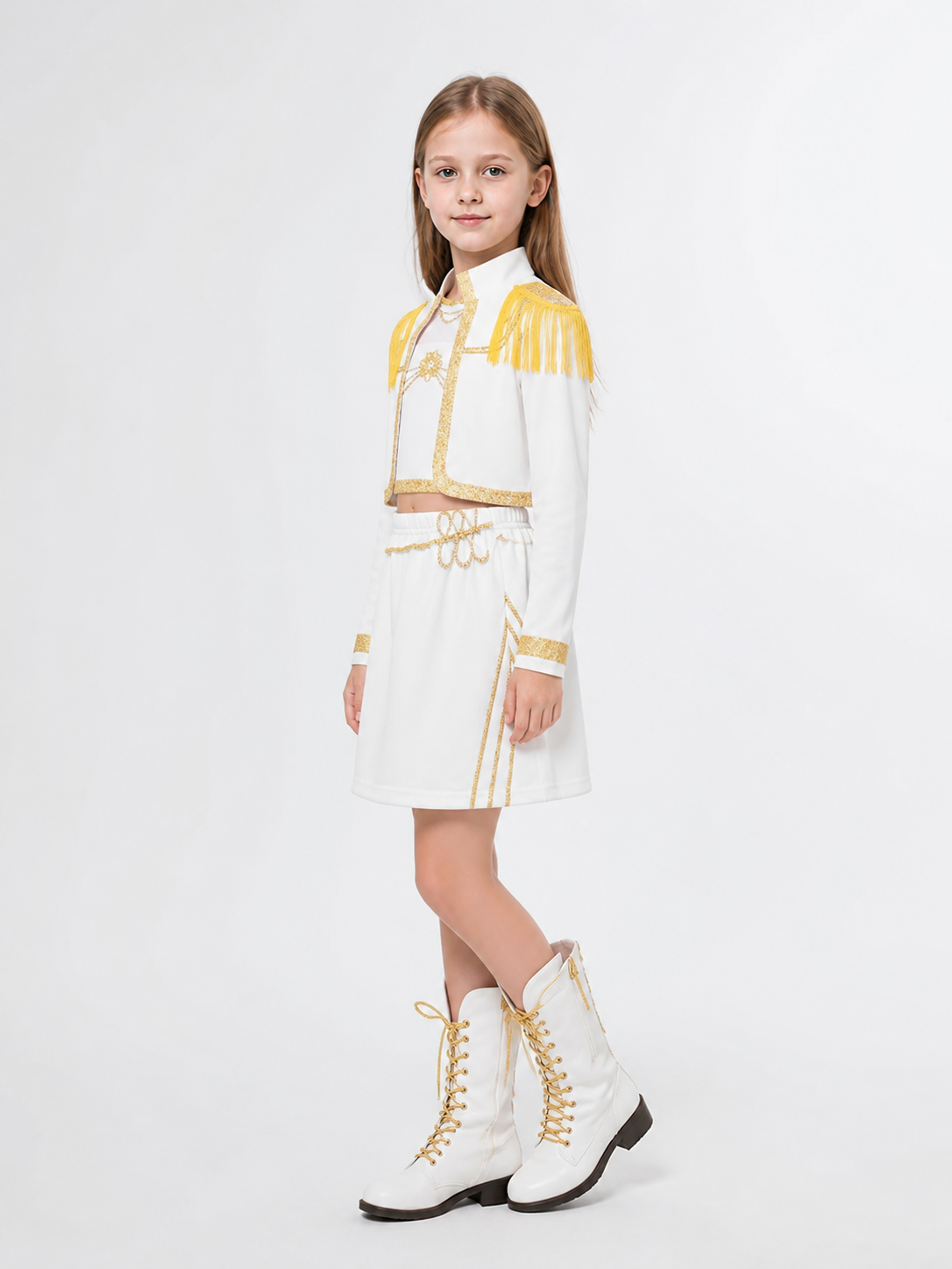 White Children's Stage Costume with Gold Fringe side view