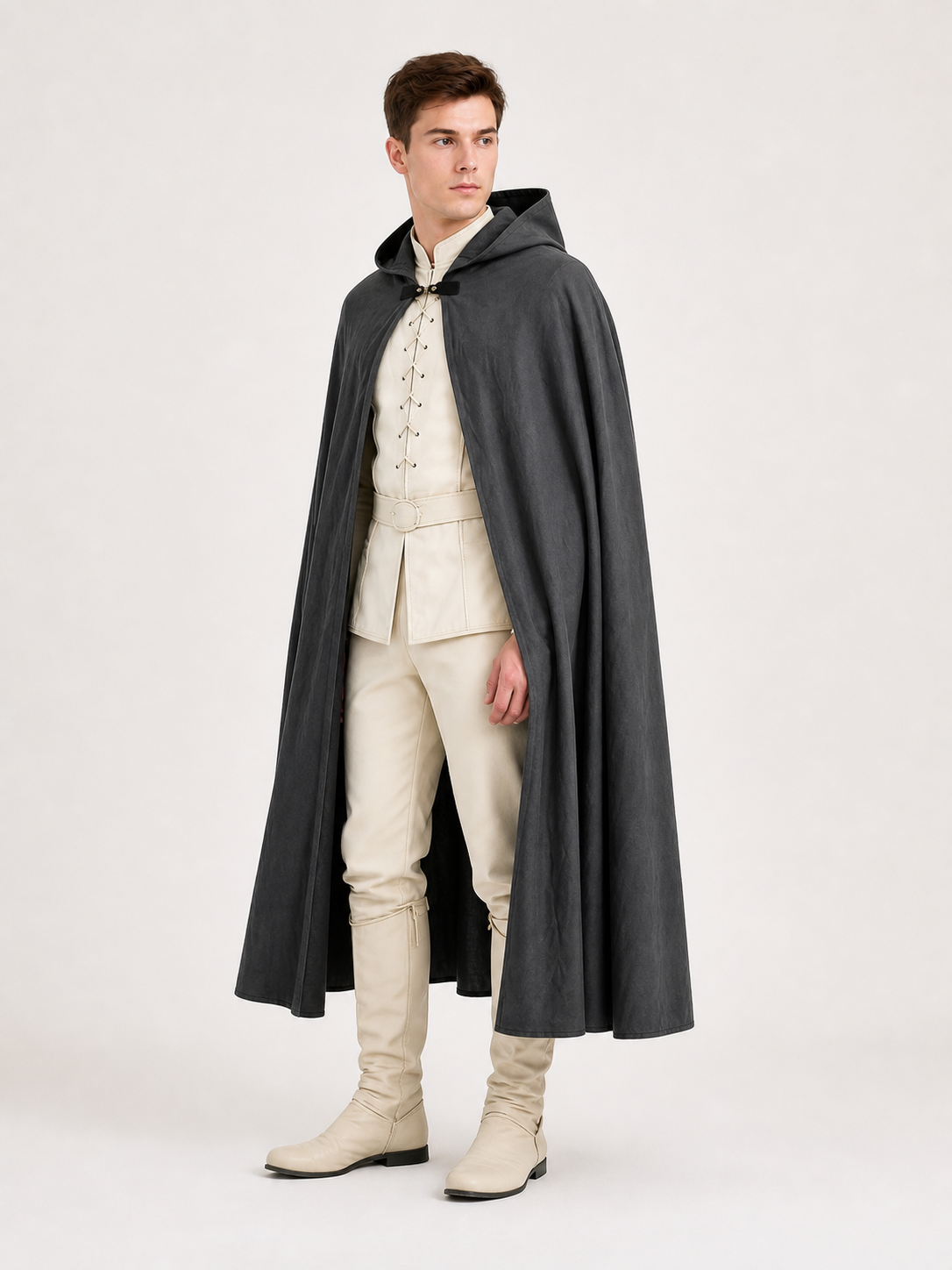 Adult Fantasy Hooded Cape, Long Dark Gray Cloak With Front Tie Closure, Wide side view 5