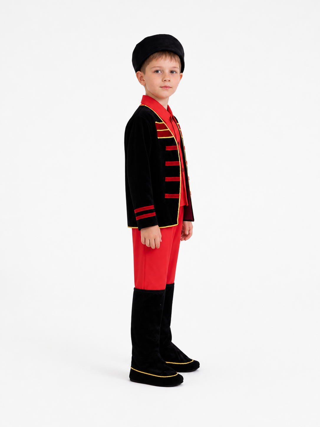Russian Folk Costume for Boys with Hat and Boots side view