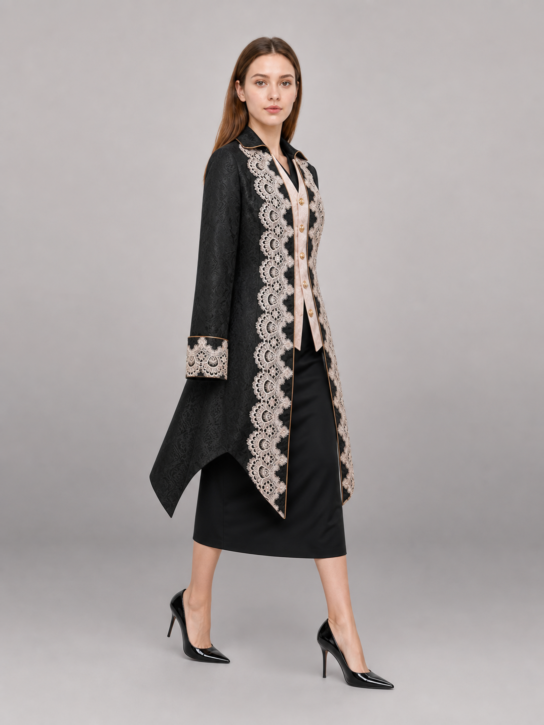 Black Long Tailcoat Jacket with Trim