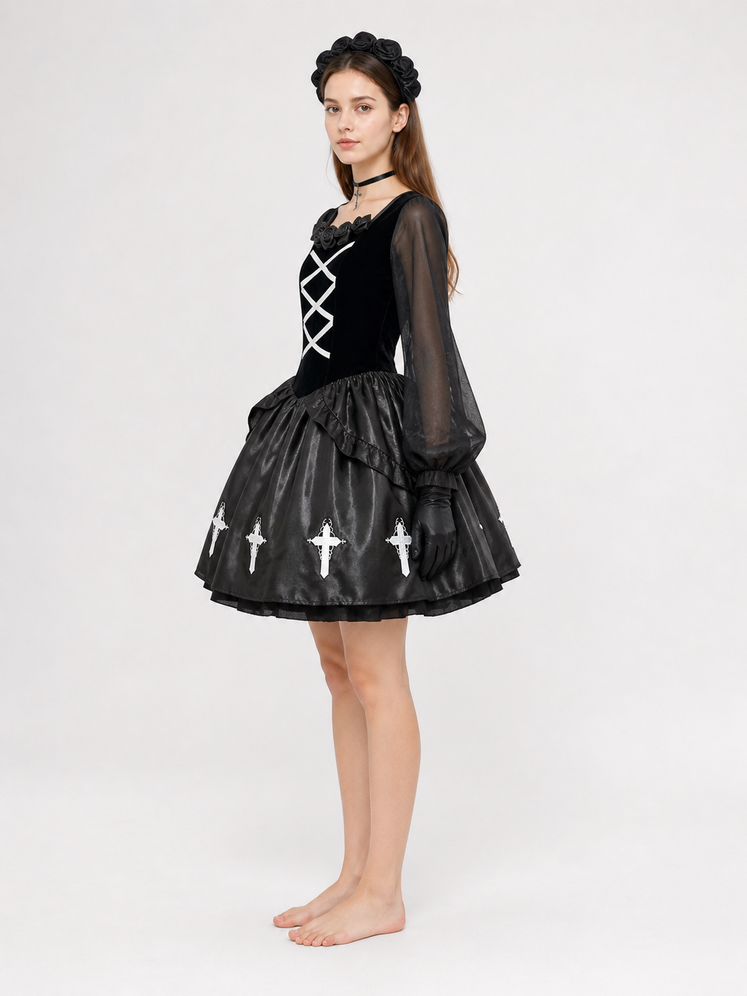 Gothic Halloween Dress with White Crosses and Gloves side view