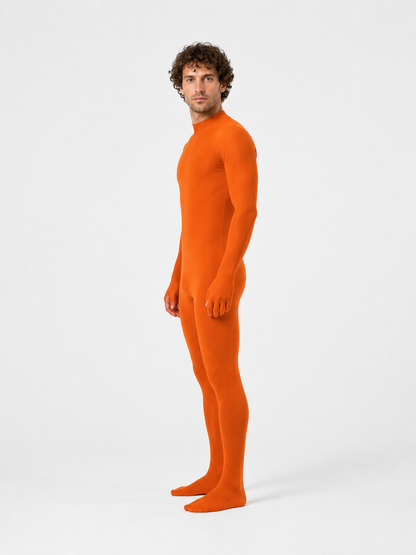 Orange form-fitting jumpsuit with a high collar side view