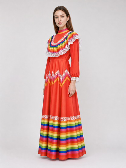 Folk Performance Dress with Long Sleeves