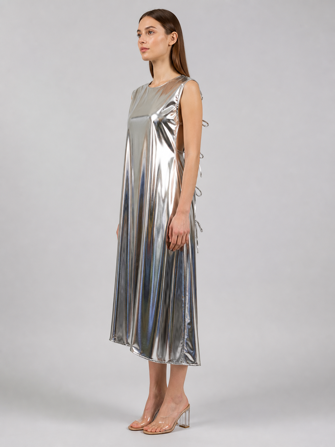 Silver Dress with Lace-Up Back side view