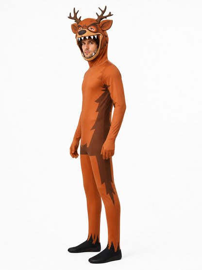 Deer Jumpsuit with Head, Antlers, and Fangs side view