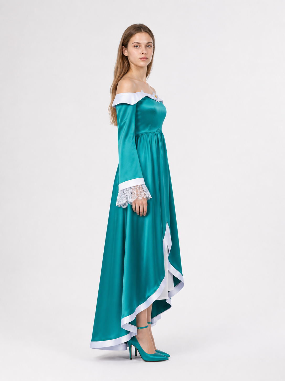 Long Stage Dress with White Collar and Brooch
