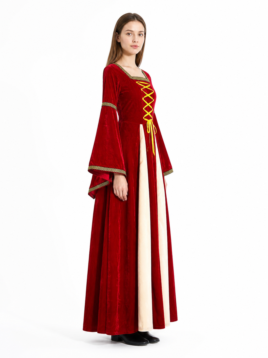 Medieval Dress with Wide Sleeves and Gold Trim