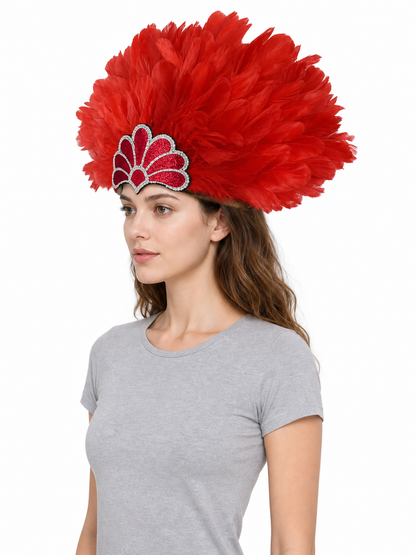 Carnival Headband with Red Feathers and Glitter