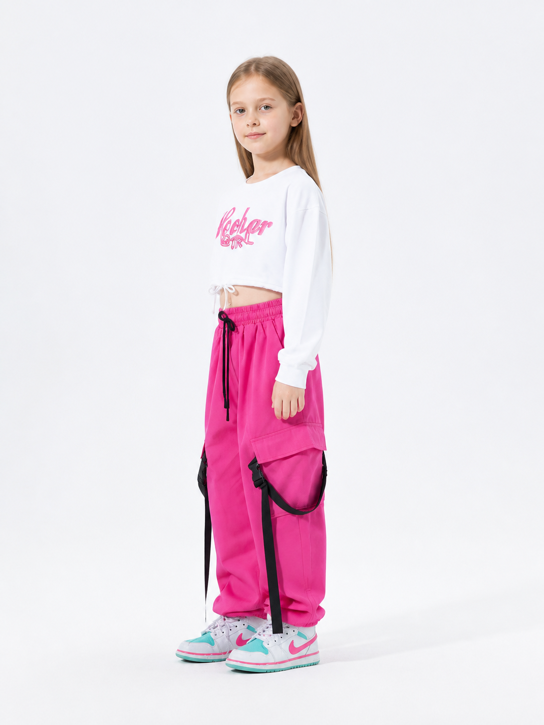 Kids' Set: White Printed Top and Pink Cargo Pants side view