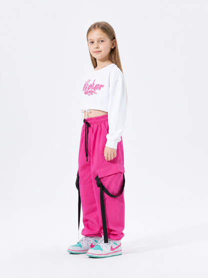 Kids' Set: White Printed Top and Pink Cargo Pants side view