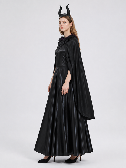 Black Witch Costume with Long Dress and Cape side view