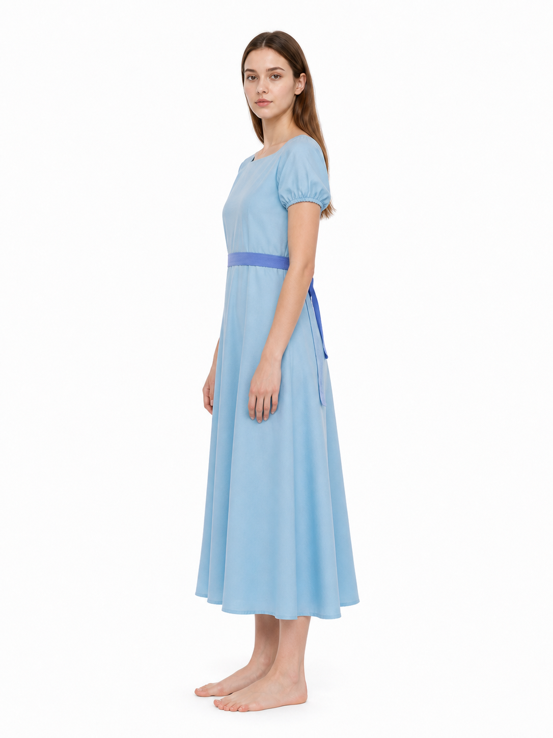 Long Light Blue Dress with Belt and Ties side view