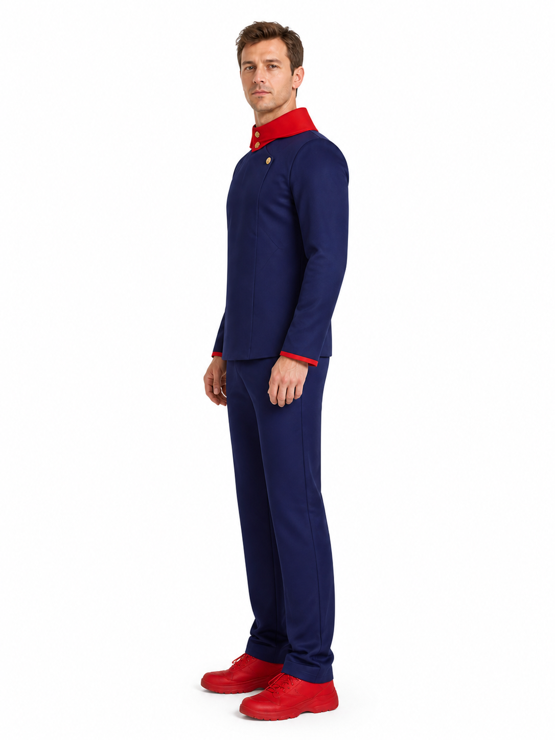 Cosplay: Uniform with a Red Collar and Gold Buttons side view