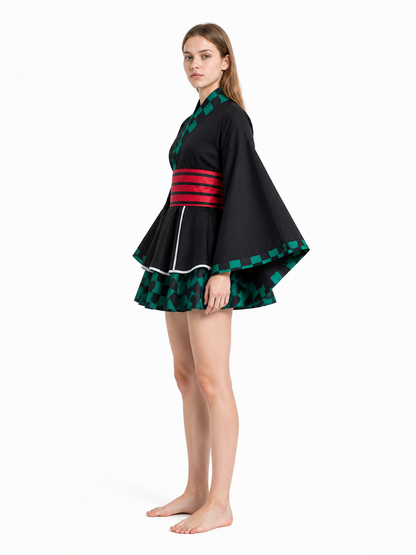 Black Cosplay Dress with White Trim and Checkered Pattern side view