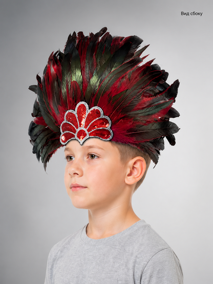 Carnival Headpiece with Red and Black Feathers side view
