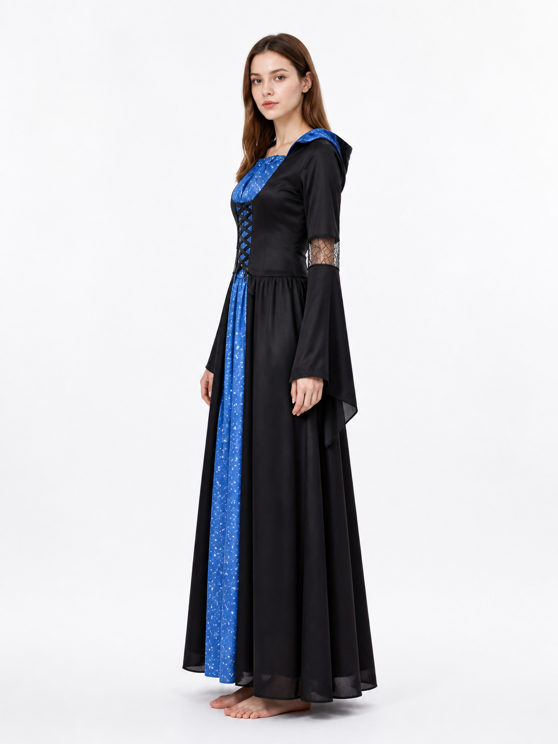 Long Hooded Dress with Stars and Crisscross Lacing