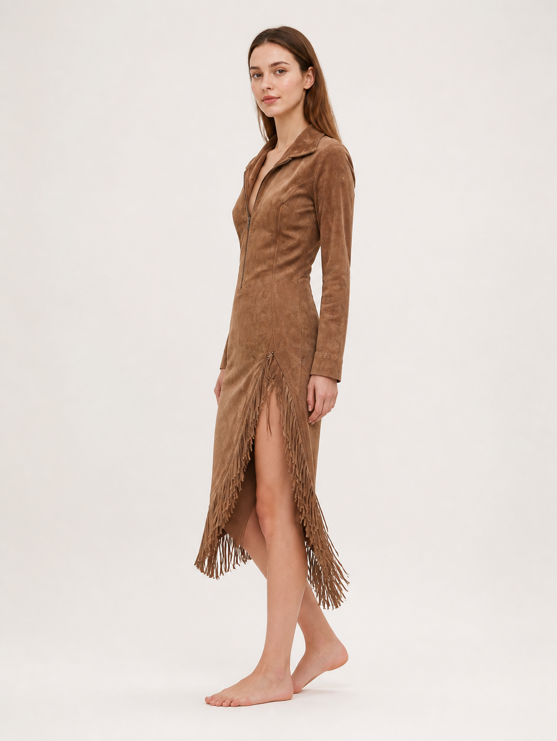 Long-Sleeve Dress with Collar and Fringe side view