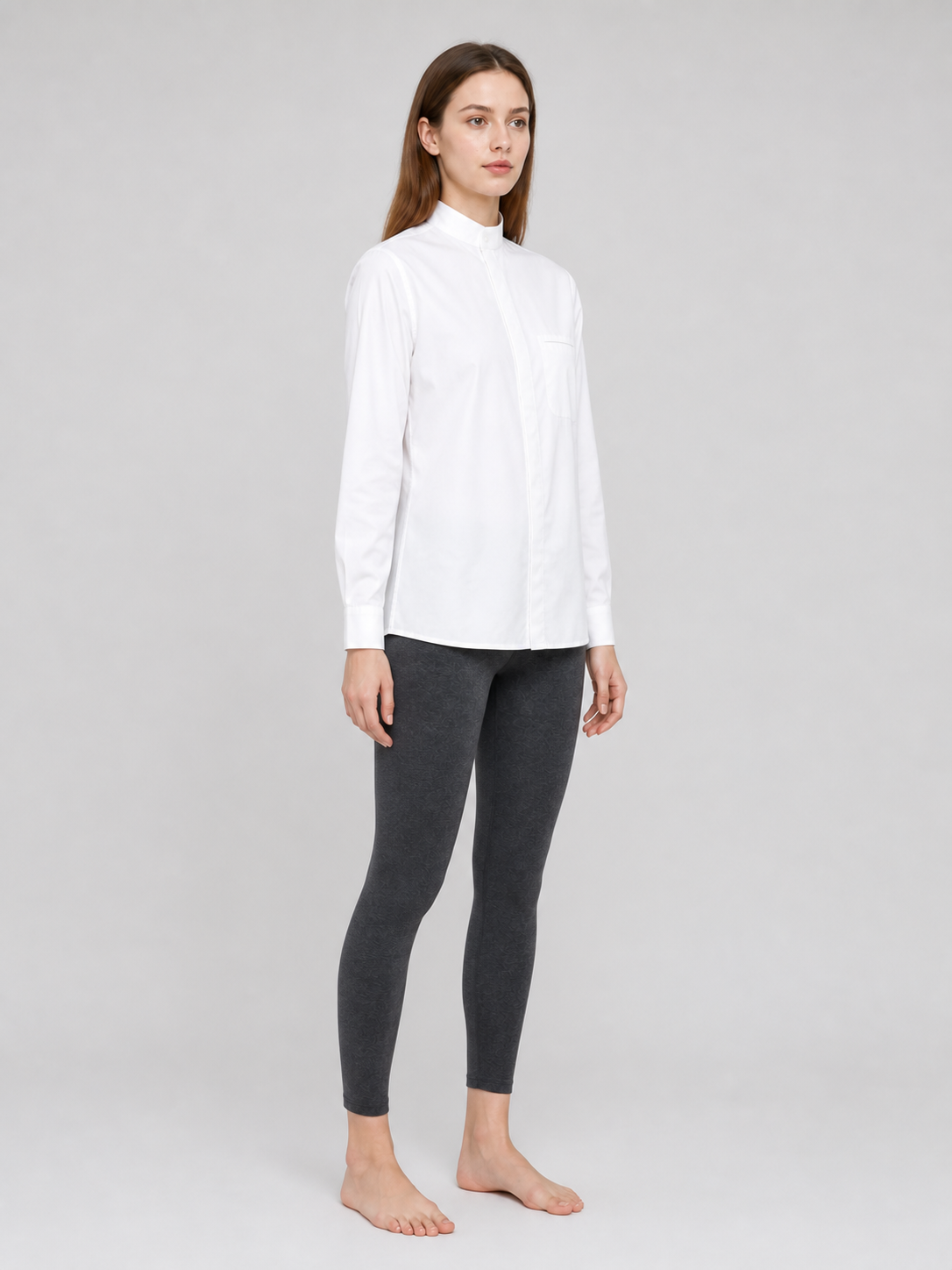 White Stand-Collar Shirt with Chest Pocket