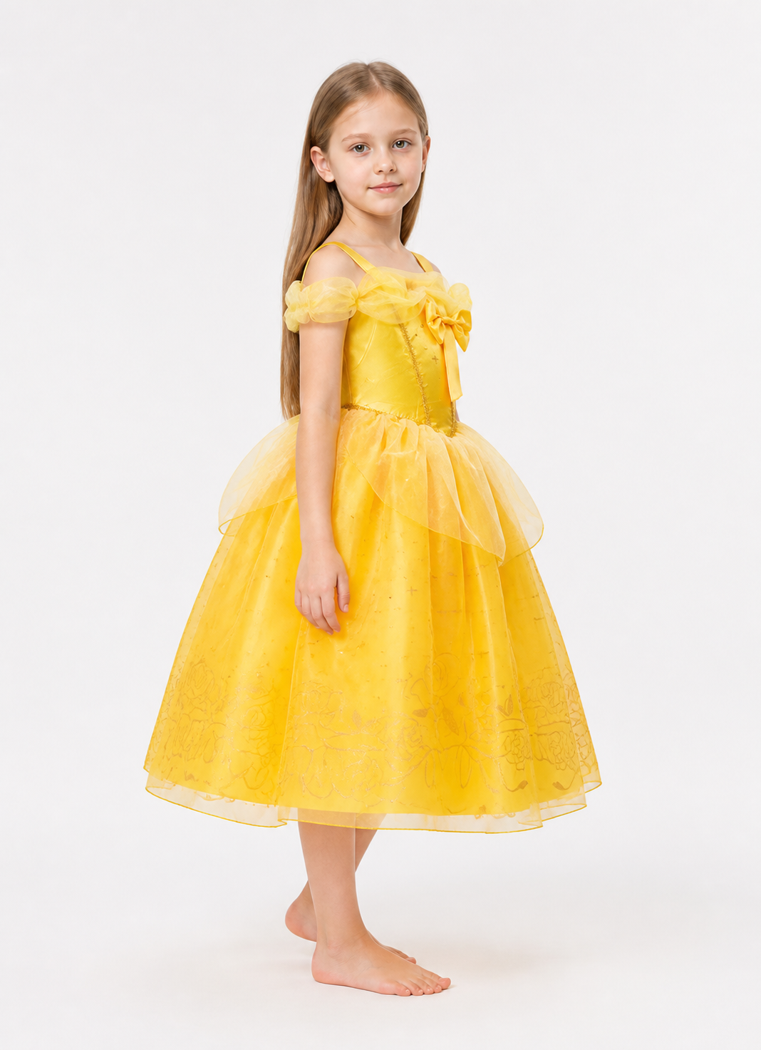 Yellow Puffy Princess Dress with Bow and Embroidery side view