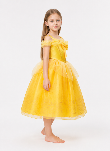 Yellow Puffy Princess Dress with Bow and Embroidery side view