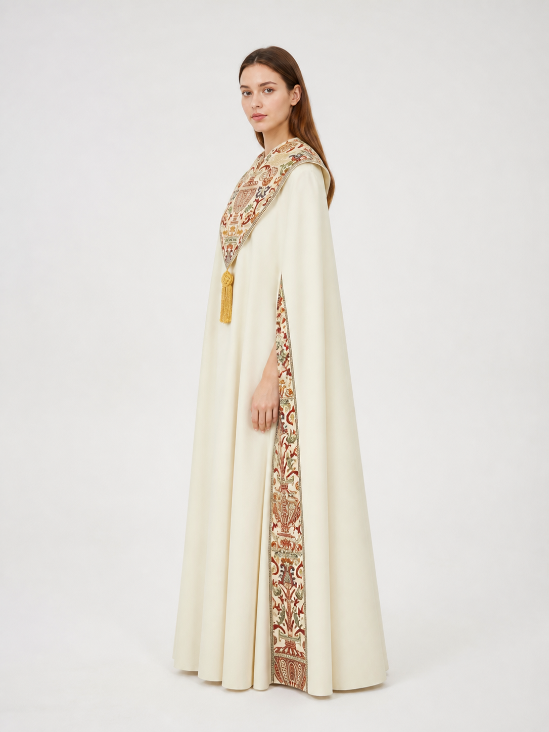 Long Cape with Fringe and Geometric Pattern side view
