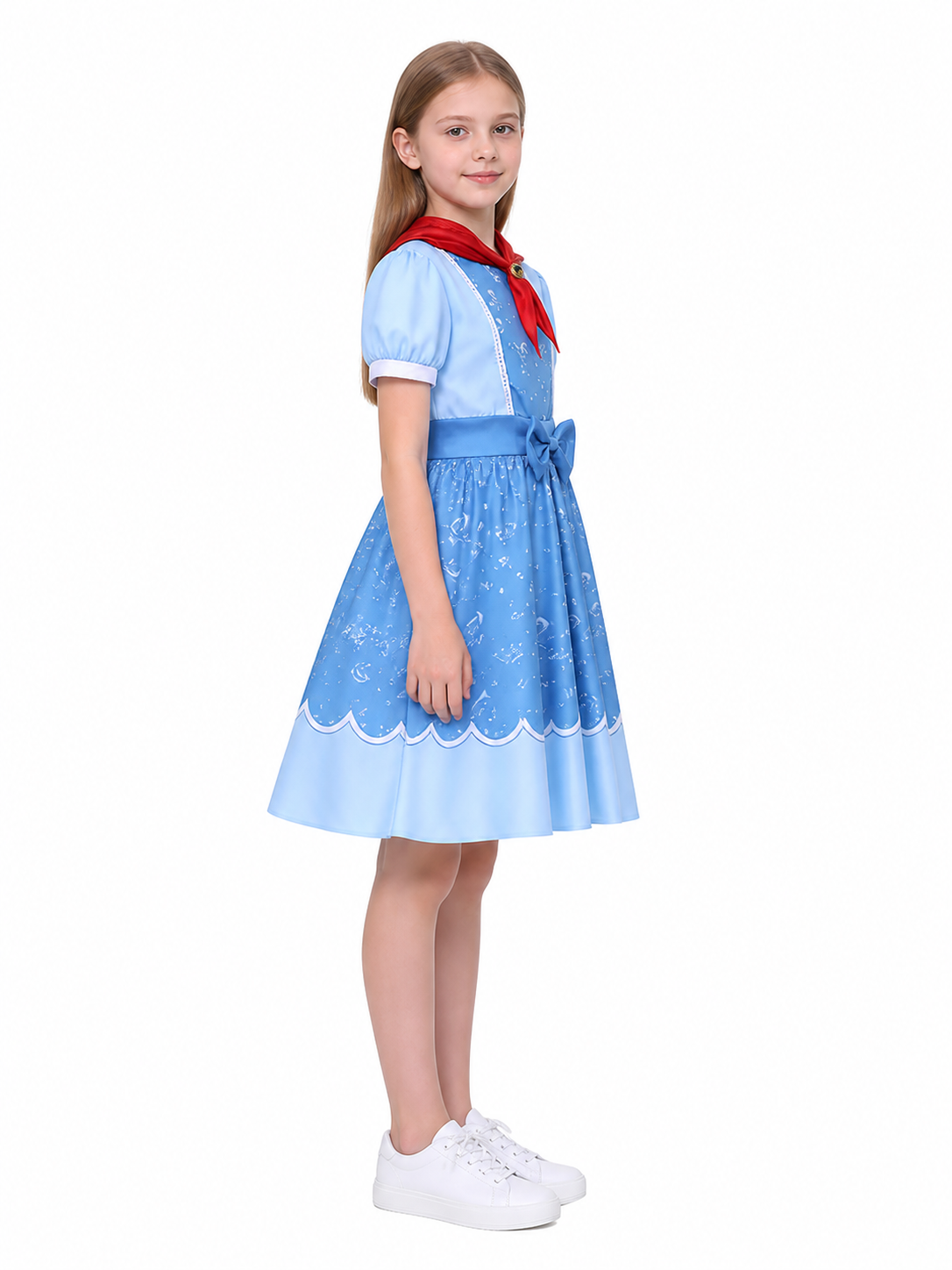 Blue Short-Sleeve Dress with Red Scarf and Bow side view