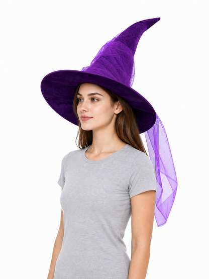1pc Purple Halloween Witch Hat Wide Brim Crooked Pointed Crown With Sheer Mesh Veil Glitter Detail Costume Accessory