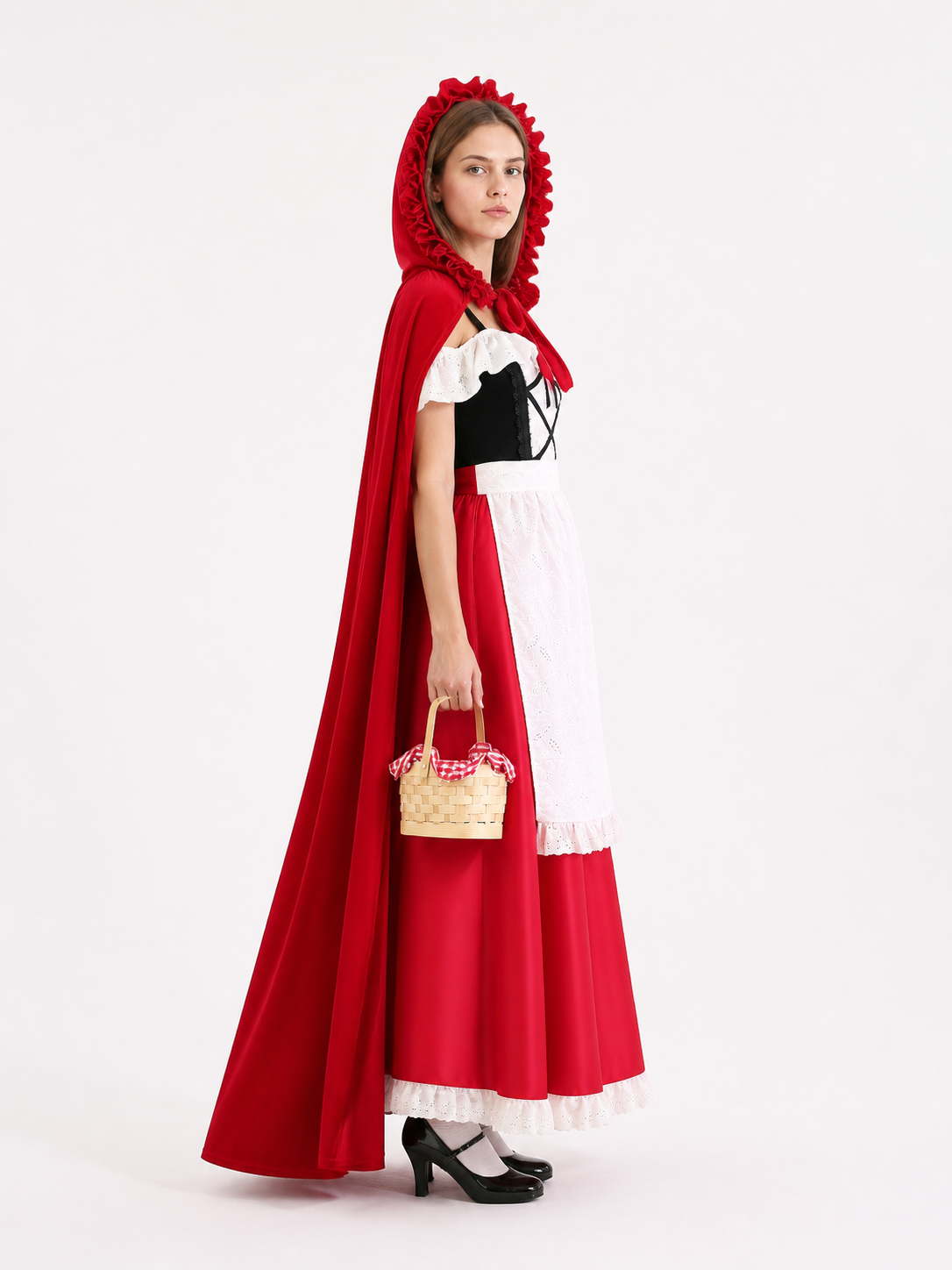 Red Dress with Hooded Cape and Lace side view