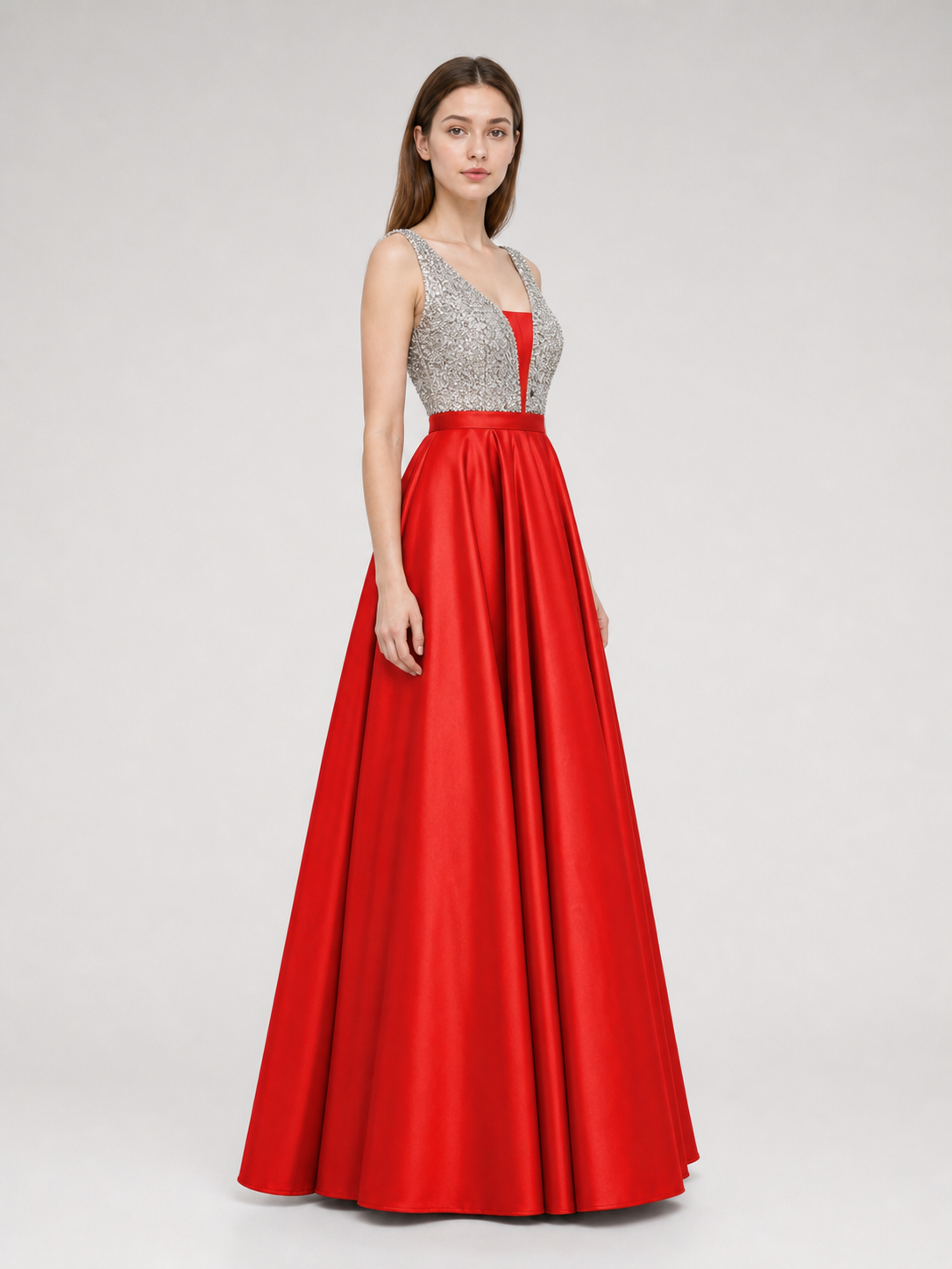 Floor-Length Evening Dress with a Deep V-Neckline