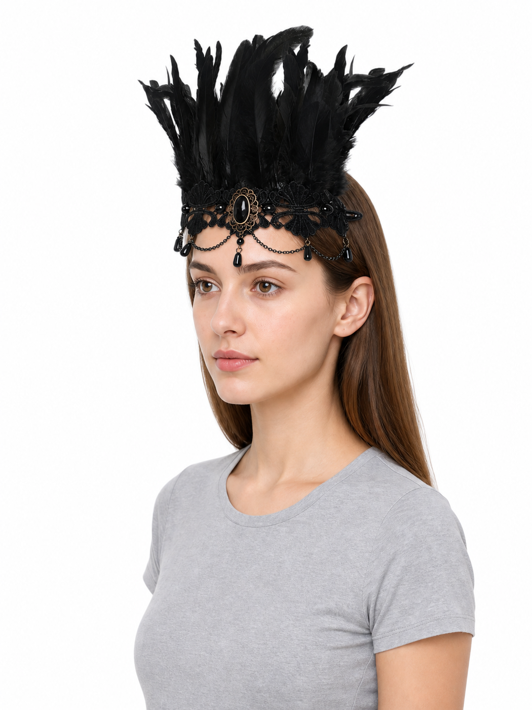 Carnival Feather and Lace Headpiece