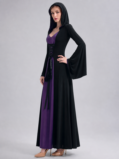 Gothic Long Hooded Dress with Lace-Up Detail side view