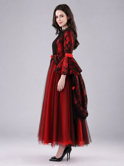 Gothic dress with roses and lace, red and black