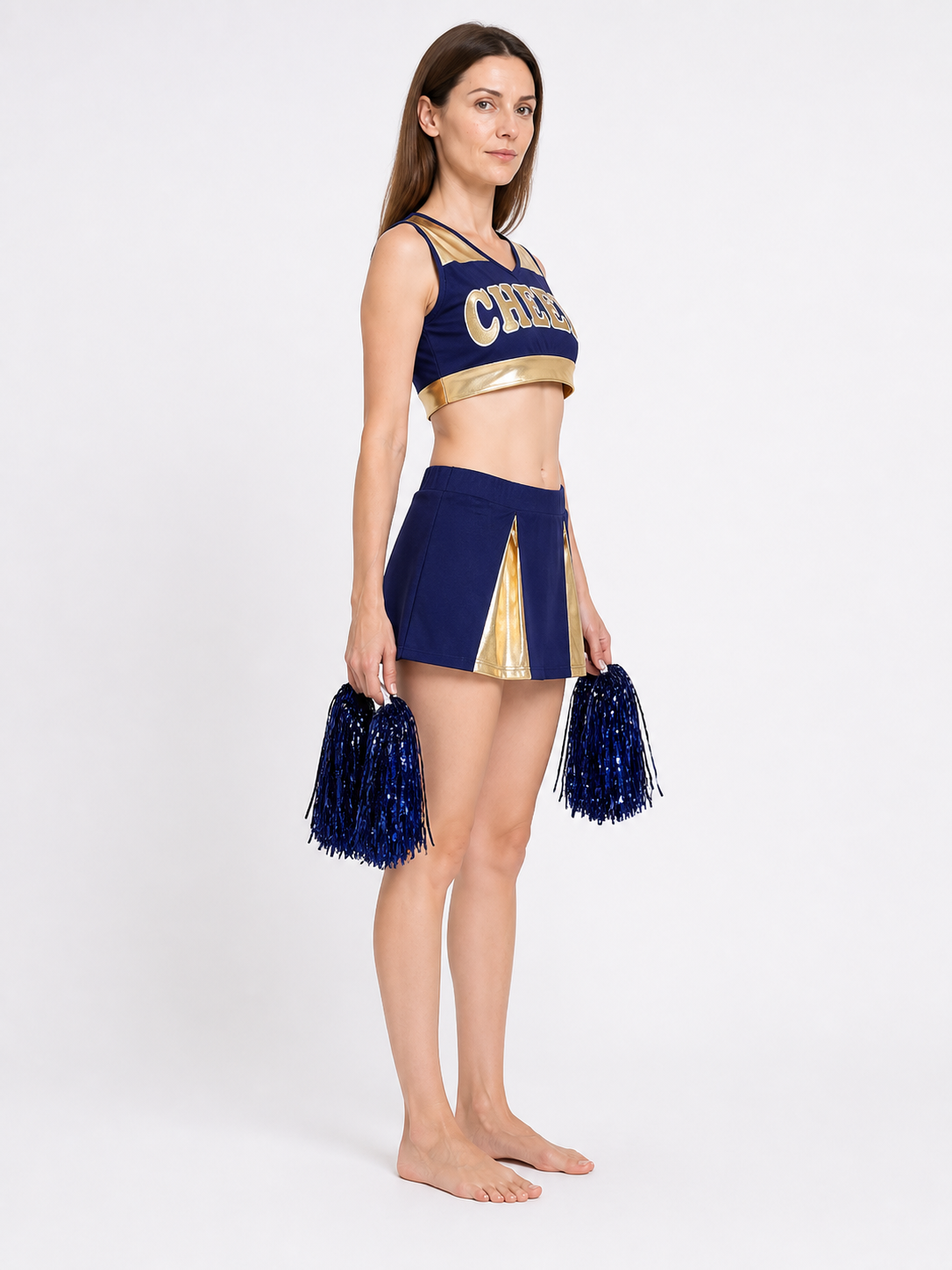 Cheerleading Uniform: Top and Skirt, Navy Blue with Gold side view