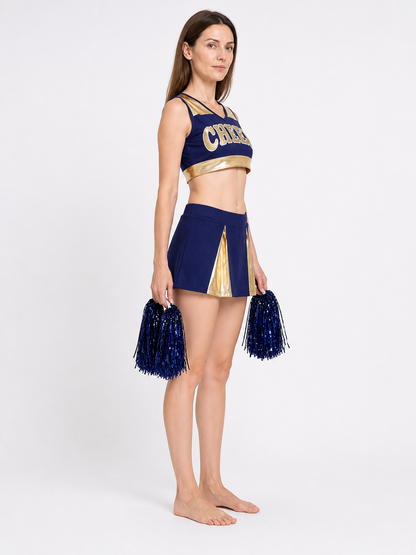 Cheerleading Uniform: Top and Skirt, Navy Blue with Gold side view