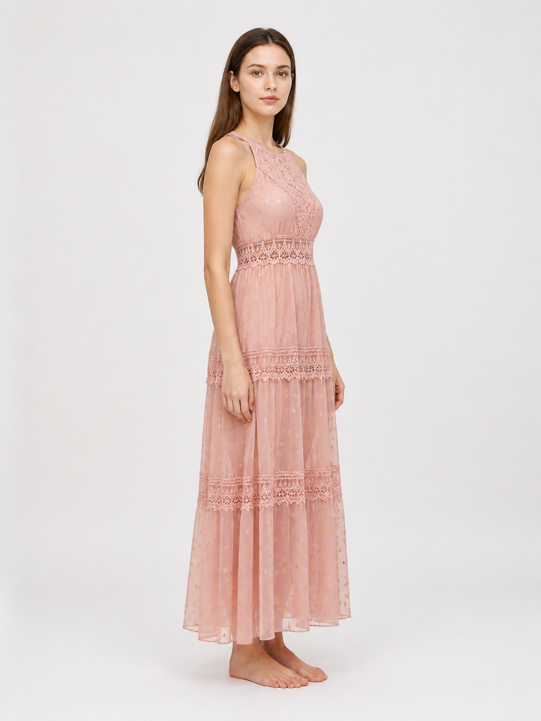 Long Pink Dress with a V-Neckline and Lace side view