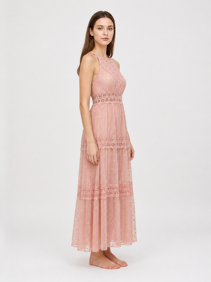 Long Pink Dress with a V-Neckline and Lace side view