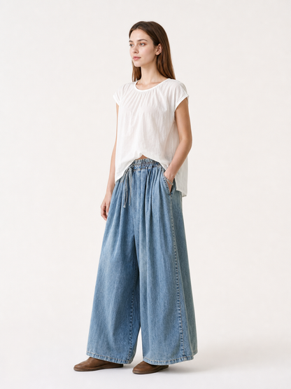 Light Blue Palazzo Pants with an Elastic Waist side view 4