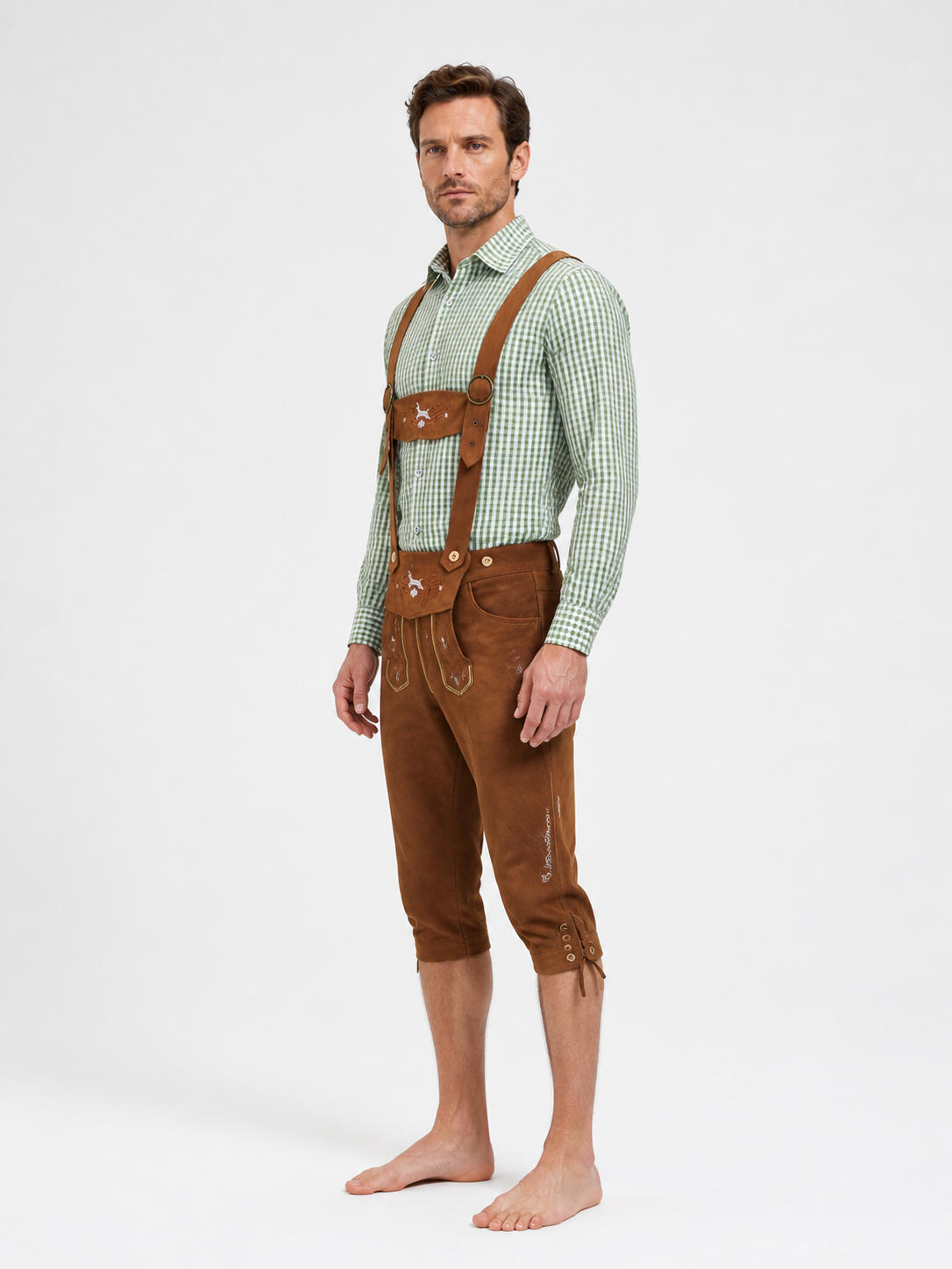 Bavarian Costume with Plaid Shirt and Suspenders side view