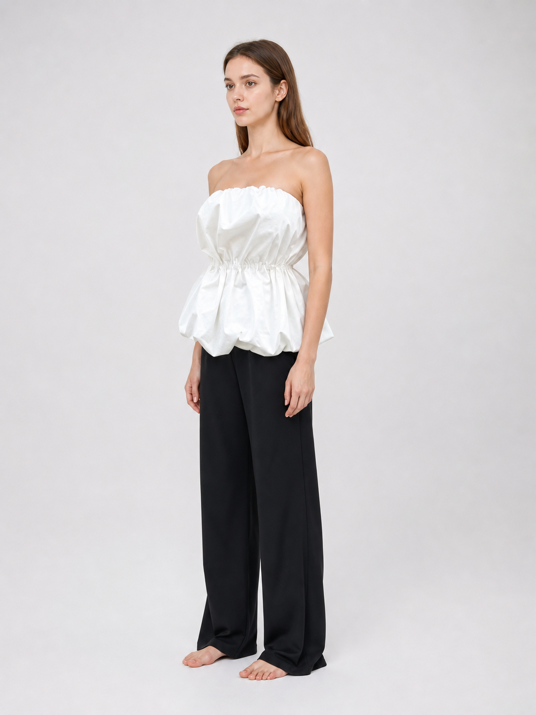 White Strapless Bustier Top with Draped Peplum